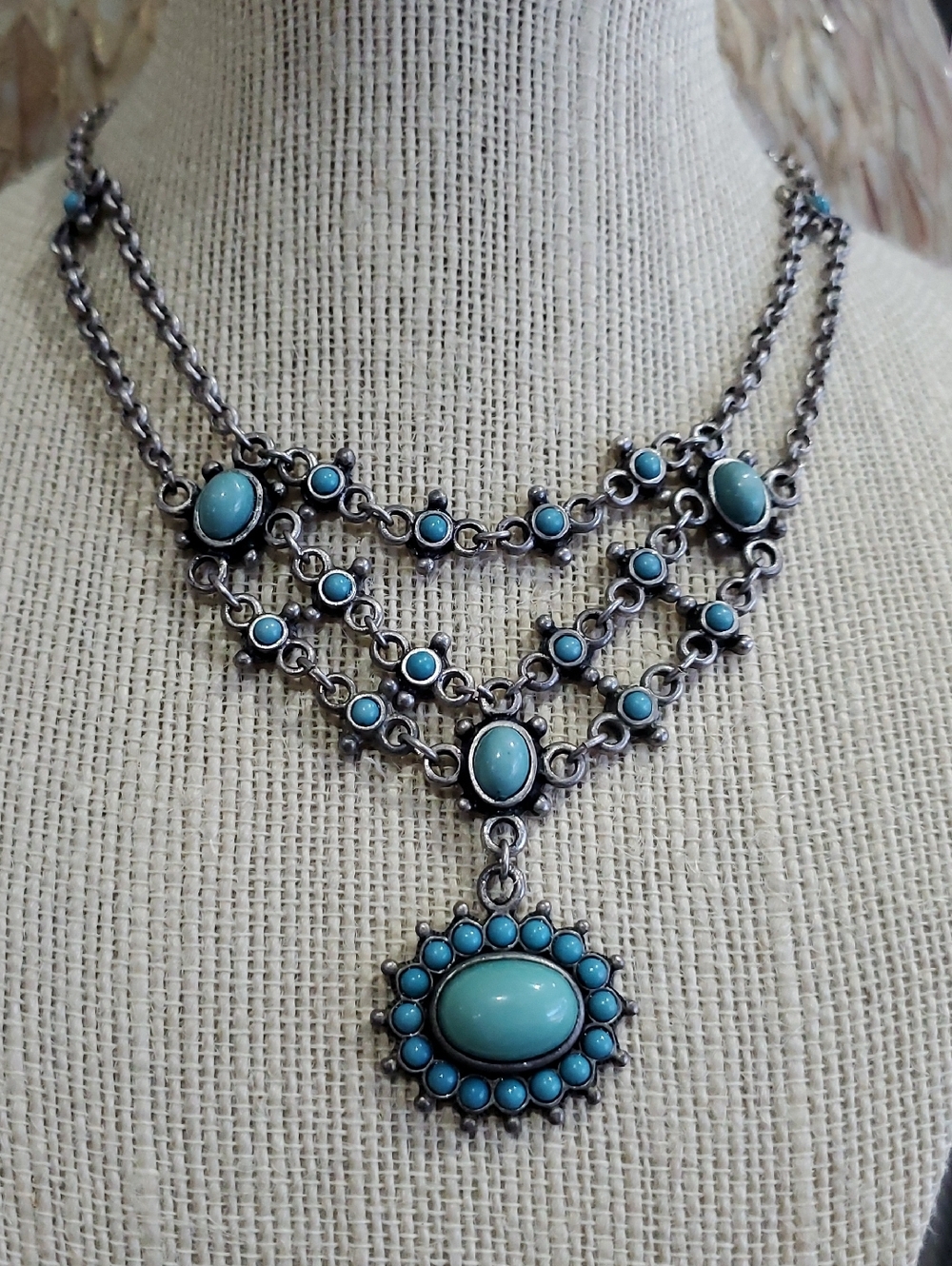Vintage Turquoise Blue Multi-Row Pendant Necklace